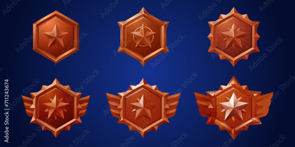 Poster set of game rank shields isolated on background. vector realistic illustration of hexagonal scratche