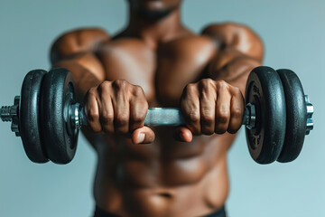 Side view of a serious Strong shirtless male Bodybuilder lifting heavy barbell isolated over light background. Copy space