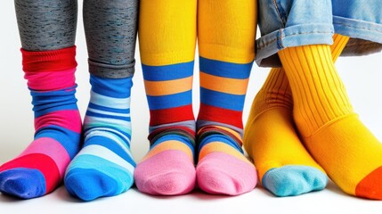 Odd socks day concept. Six Children's legs in different socks on a white background