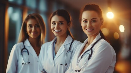 Fototapeta premium Three charming cheerful smiling female doctors wearing white medical gowns and looking at stethoscopes in a modern clinical hospital. Healthcare, medicine and science concepts.