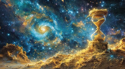 Symbolic depiction of time, an ancient hourglass with sands flowing amidst a backdrop of stars and galaxies
