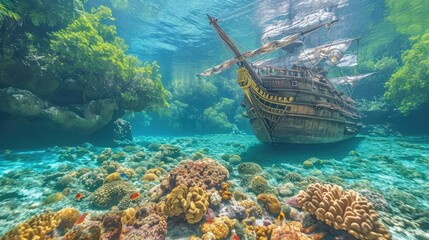Sunken pirate ship near a beach with visible treasure through the clear water, coral