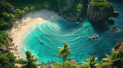 Aerial view of a tropical beach with a hidden pirate cove, treasure scattered along the shore, palm trees swaying - obrazy, fototapety, plakaty