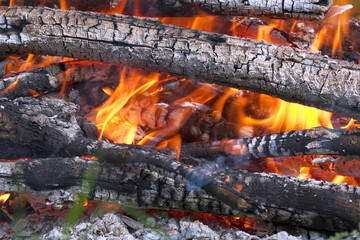 View of the burning campfire in camp