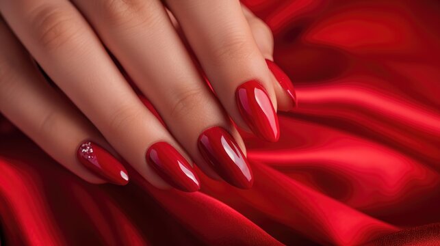 Photos of the design of red nails on the hands, advertising the color of the nails