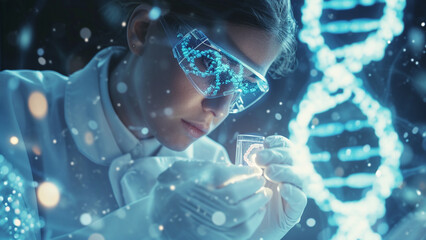 Scientist Microscope Slide Examination and DNA Helix Fusion