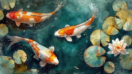 Foto op Canvas Watercolor illustration of a koi pond, vibrant koi fish swimming amidst lily pads, a fusion of realism and fantasy © Zaria