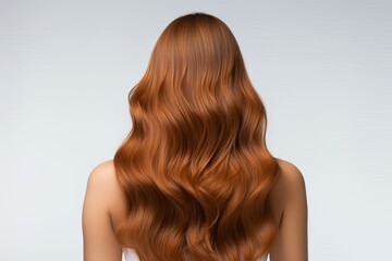 Rear view of woman with healthy and shiny orange-red long hair, hair dye advertising, salon advertising, hair salon advertising wallpaper, hair color swatch, hair design - obrazy, fototapety, plakaty