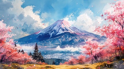 Whimsical portrayal of Mount Fuji in watercolors, with blooming sakura trees in the foreground,...