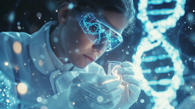 Scientist Microscope Slide Examination and DNA Helix Fusion