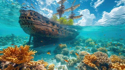 Sunken pirate ship near a beach with visible treasure through the clear water, coral and marine life