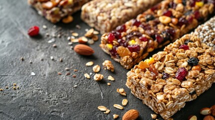 Various healthy diet granola bars with banana and nuts