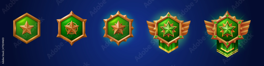 Poster military game rank buttons set isolated on background. vector realistic illustration hexagonal green