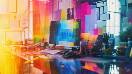 Creative Workspace Double Exposure with Vibrant Color Palette