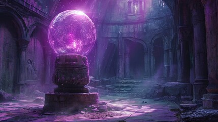 Medieval scene with a purple orb atop an ancient pedestal, inside a mysterious castle chamber