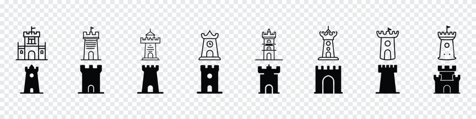 castles icon, Castle Tower icon, Disneyland castle logo, royal castle Icon Set, Tower, fortress. fairy tale icons, magic, fantasy logo. Line icon castle, Bouncy castle icon. - obrazy, fototapety, plakaty