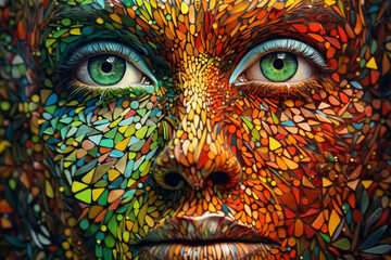 Beauty, style, make-up, fine-art concept. Abstract and surreal colorful woman close-up portrait illustration. Vivid colors, tiny details, minimalist style