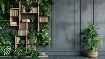 Wooden bookshelf in a modern style, decorated with plants