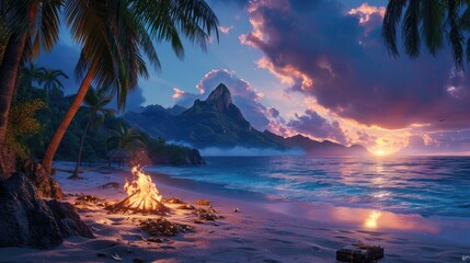 Evening beach scene with a bonfire, pirate treasure in the foreground, storytelling atmosphere with...