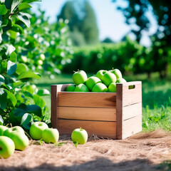 Ripe green apples in a wooden box on the background of a green field