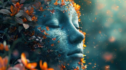 Creative representation of mindfulness, a calm face with elements of nature and tranquility blending seamlessly