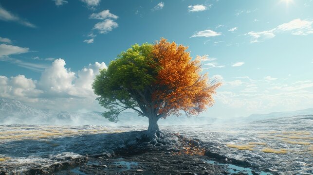 Abstract concept of growth and decay, a tree with one side lush and the other withering, symbolic of life cycles