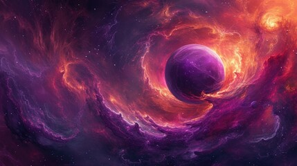 Abstract art piece featuring a purple orb surrounded by swirling cosmic energy, vibrant and dynamic