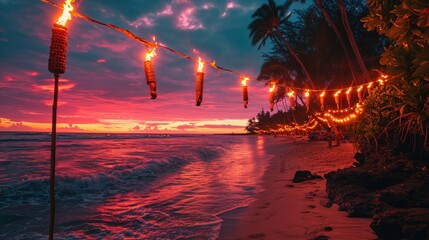 Festive Hawaiian beach party at sunset, Aloha banners, tiki torches lining the shore, vibrant and lively atmosphere