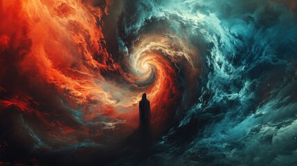 Abstract visualization of anxiety, chaotic swirls and dark colors clashing with a figure trying to find calm