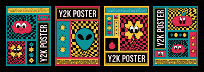 Y2k poster design template with bright abstract simple groovy sticker in bright acid colors. Vector illustration set of cover and banner 2000s aesthetic layout with cute psychedelic elements and text.