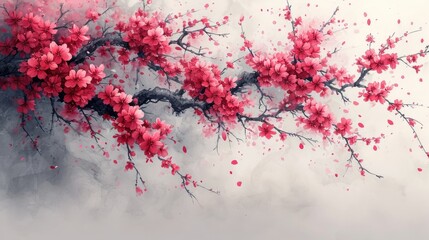 Artistic watercolor illustration of Sakura branches, subtle shades of pink and white, elegant and minimalist style, and a red fox