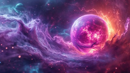 Obraz premium Abstract art piece featuring a purple orb surrounded by swirling cosmic energy, vibrant and dynamic