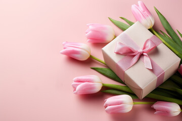 Obraz na płótnie Canvas White Box with Pink Bow and Tulips