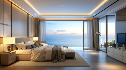 Modern seaside luxury hotel room, apartment with background sea view