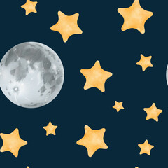 Watercolor seamless pattern of a starry night sky. Dark background. Yellow stars and a detailed gray moon. Cosmic theme for kids. Ideal for children's rooms, textiles, baby apparel, and notebooks