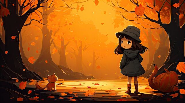 Animated girl with a hat and a black cat in an autumn setting with falling leaves.