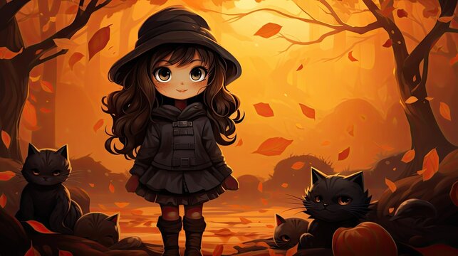 Cartoon illustration of a cute girl in a witch costume in a spooky forest with jack-o'-lanterns and ghosts.