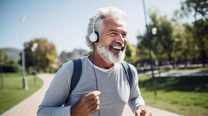 A happy mature man with headphones on the street in the park in the early morning, an elderly athlete runs with a beaming smile on his face, enjoying an active healthy lifestyle