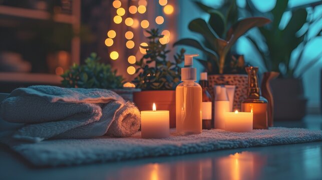 Nighttime skin care routine display, calming products and mood lighting, serene and peaceful bedtime theme