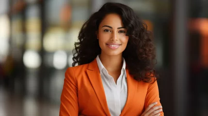 Foto op Plexiglas A confident and smiling businesswoman dressed in a stylish orange blazer poses in a corporate hallway. © red_orange_stock
