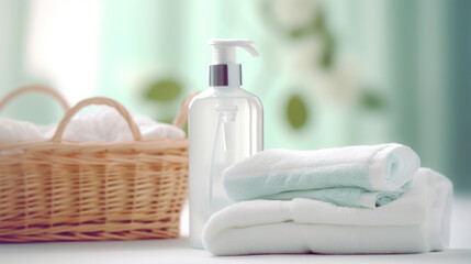 Fototapeta na wymiar Fresh white towels and transparent soap dispenser on a serene spa background with a wicker basket.