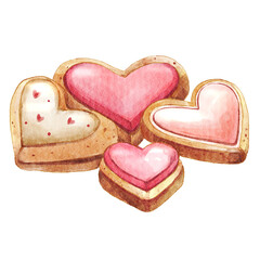Heart shaped cookies . Valentines day object . Watercolor painting elements . PNG .