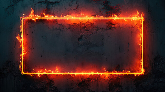 flames surrounding a red-hot horizontal rectangular frame with room for copy space
