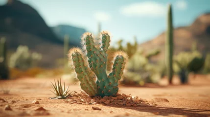 Zelfklevend Fotobehang A single cactus stands resilient in a bright, arid desert landscape under a clear blue sky. © red_orange_stock