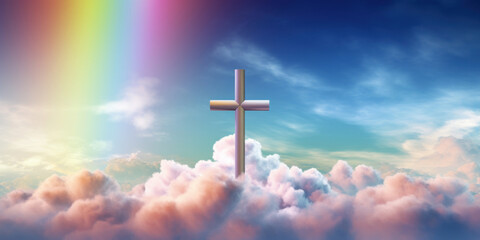 A metallic cross stands prominently against a soft cloudy sky with a subtle rainbow, symbolizing hope and faith.