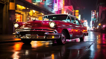 Foto op Canvas A parked vintage car against the backdrop of passing night traffic. © Alex Bur