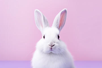 Portrait of white bunny in front of pink studio background