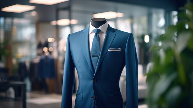 A sophisticated blue suit displayed on a mannequin in a high-end menswear store, highlighting elegance and modern style.