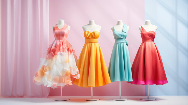 A display of colorful dresses on mannequins, showcasing a variety of elegant designs against a pastel background.