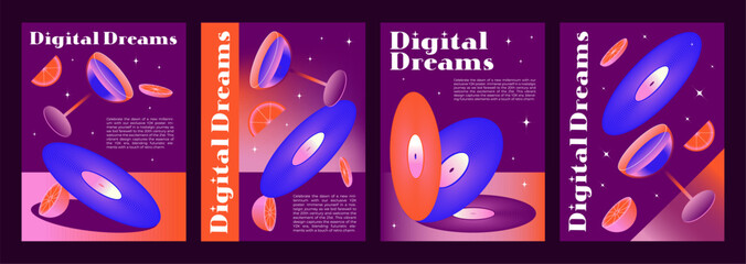 Set of y2k electronic music party posters. Vector realistic illustration of nightclub flyers, concert banners with cocktail glasses, vinyl platters, sparkling stars on purple background, retro style - obrazy, fototapety, plakaty